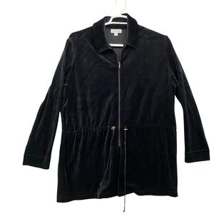 St. John Sport Velour Jacket Black Drawstring‎ Waist Zip Front Cozy Womenswear L